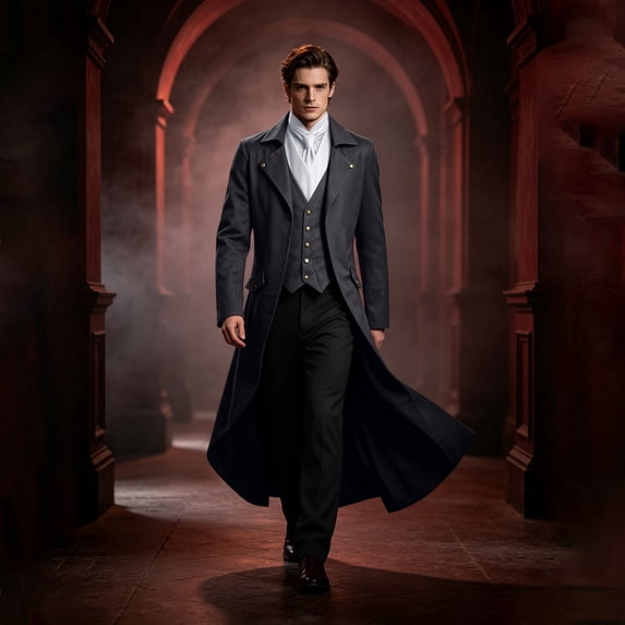 Men's Victorian Tailcoat Gothic Steampunk Long Jacket Halloween Cosplay Frock Coat for Masquerade Party