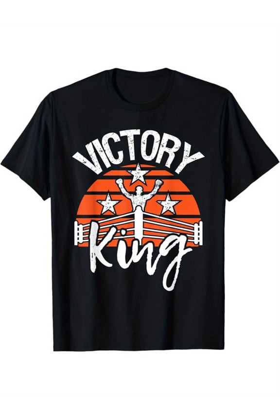 Men's Victory King Boxing Graphic T-Shirt - Soft Cotton Crew Neck Tee, Casual Loose Fit, Black with Orange & White Print, Comfortable All-Season Wear