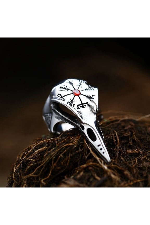 Men's Viking Crow Ring with Inlaid Jewel Vintage Compass Design Titanium Steel Animal Retro Ring for Him Fashion Jewelry Gift