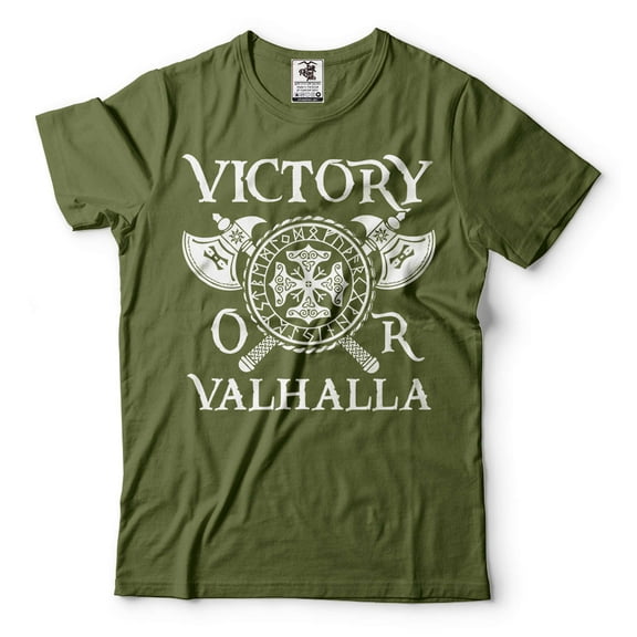 Men's Viking Shirt Victory Or Valhalla Shirt Viking Warrior Gift Tee Viking Patriotic Tee (3X-Large Military Green)