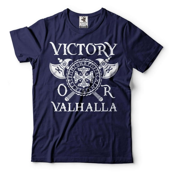 Men's Viking Shirt Victory Or Valhalla Shirt Viking Warrior Gift Tee Viking Patriotic Tee (Large Navy Blue)