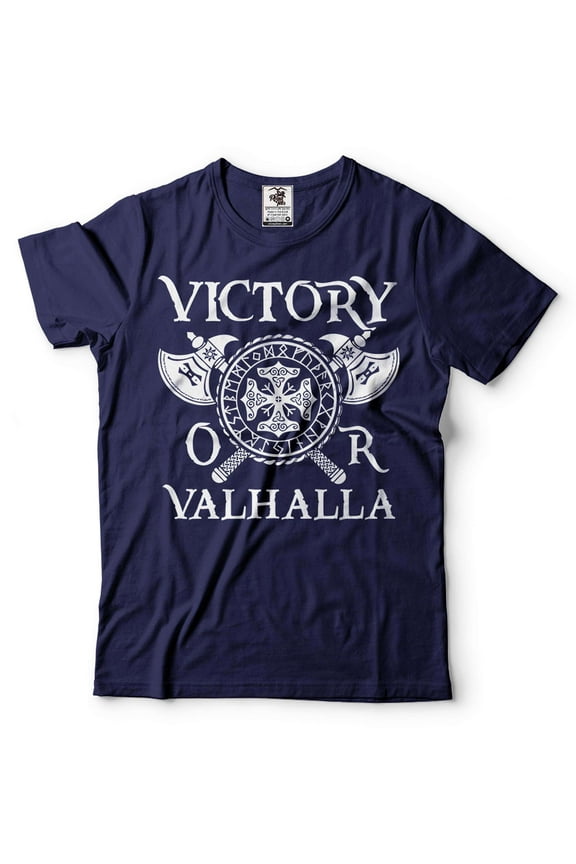 Men's Viking Shirt Victory Or Valhalla Shirt Viking Warrior Gift Tee Viking Patriotic Tee (Large Navy Blue)