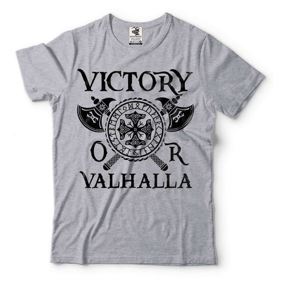 Men's Viking Shirt Victory Or Valhalla Shirt Viking Warrior Gift Tee Viking Patriotic Tee (Small Grey)