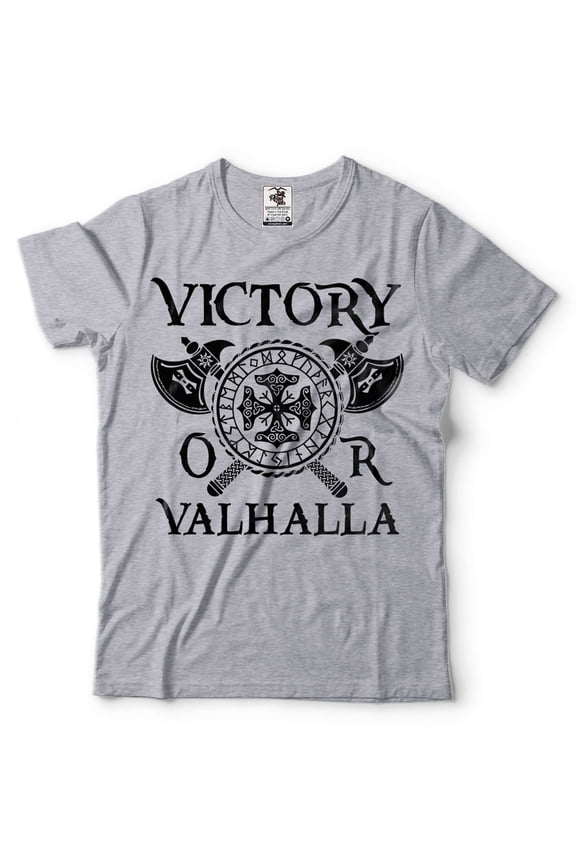 Men's Viking Shirt Victory Or Valhalla Shirt Viking Warrior Gift Tee Viking Patriotic Tee (Small Grey)