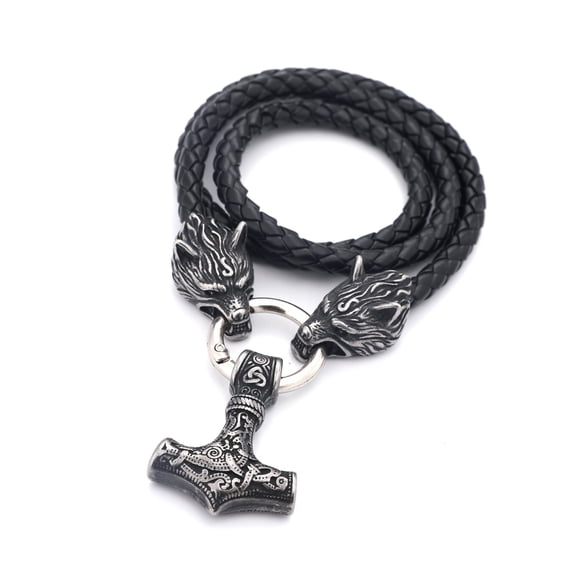 Men's Viking Thor's Hammer Amulet Necklace, Vintage Nordic Thor's Hammer Amulet Pendant, Wolf Head Necklace, Stainless Steel Jewelry