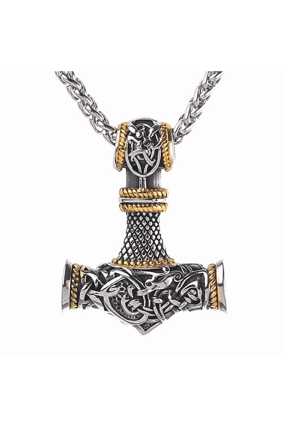 Men's Viking Thor's Hammer amulet necklace, vintage Nordic Thor's Hammer amulet pendant with a sturdy wheat chain, stainless steel jewelry.
