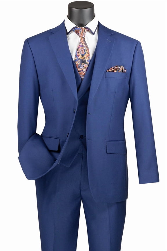 Men's Vinci Suits 2 Button Modern Fit Suit With Double Breasted Peak Lapel Vest Blue Size 50 Long