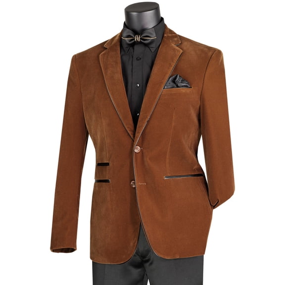 Men's Vinci Suits 2 Button Velvet Blazer Brown With Black Leather Piping Size Large