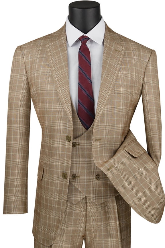 Men's Vinci Suits 2 Button Vested Plaid Suit Camel Light-to-medium Shade of Brown Size 52 Long
