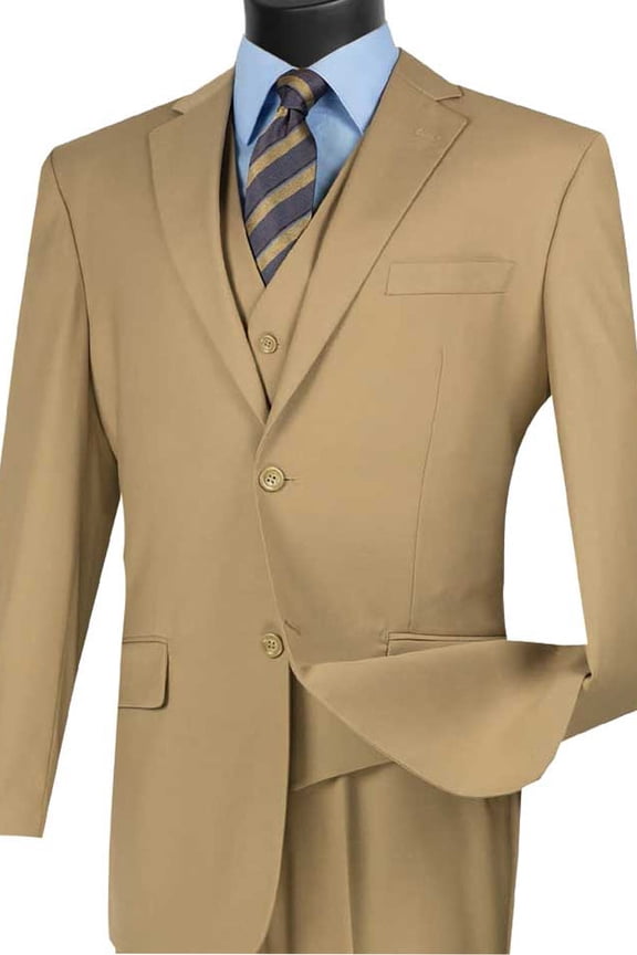 Men's Vinci Suits Basic Khaki 2 Button Vested Suit From Size 50 Long