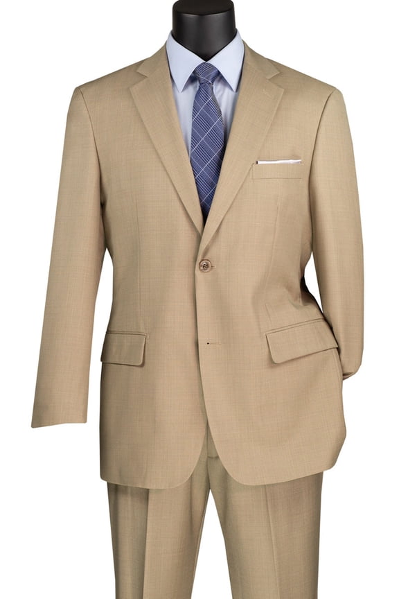 Men's Vinci Suits Beige Sharkskin Suit With 2 Button Closure Tan Size 44 Long