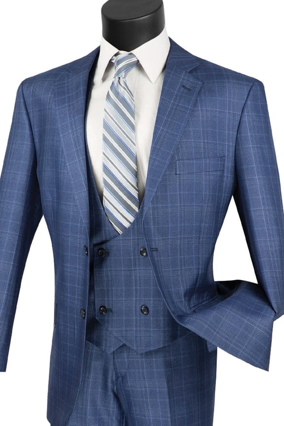 Men's Vinci Suits Blue Plaid Suit With Vested Peak Lapel Size 46 Regular