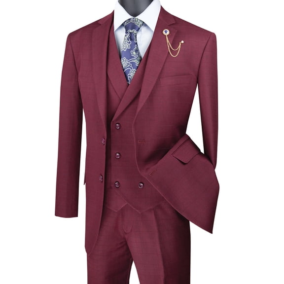 Men's Vinci Suits Burgundy Plaid Double Breasted Vest Suit Size 54 Long