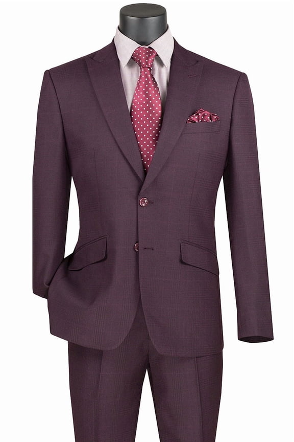 Men's Vinci Suits Burgundy Plaid Suit With Peak Lapels Size 52 Long