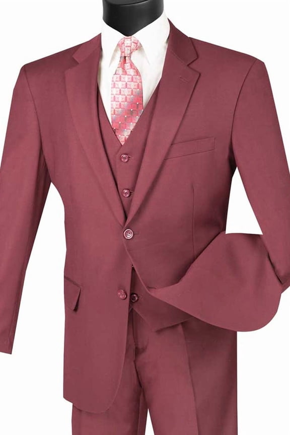 Men's Vinci Suits Burgundy Vested Suit Size 50 Long