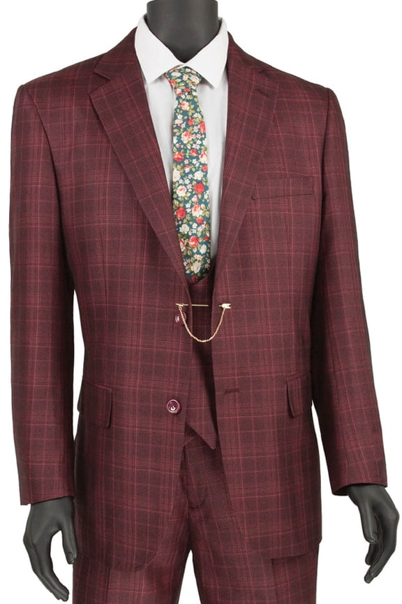 Men's Vinci Suits Burgundy Windowpane Suit With Vested Peach Lapel Size 44 Long