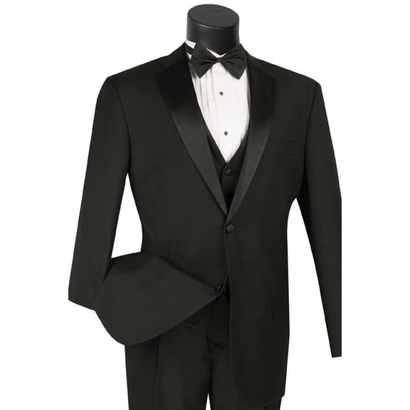 Men's Vinci Suits Classic Black Vested Tuxedo Size 38 Long
