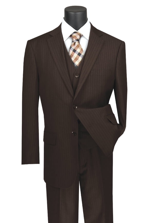 Men's Vinci Suits Classic Fit Vested Banker Pinstripe Suit Brown Size 46 Long