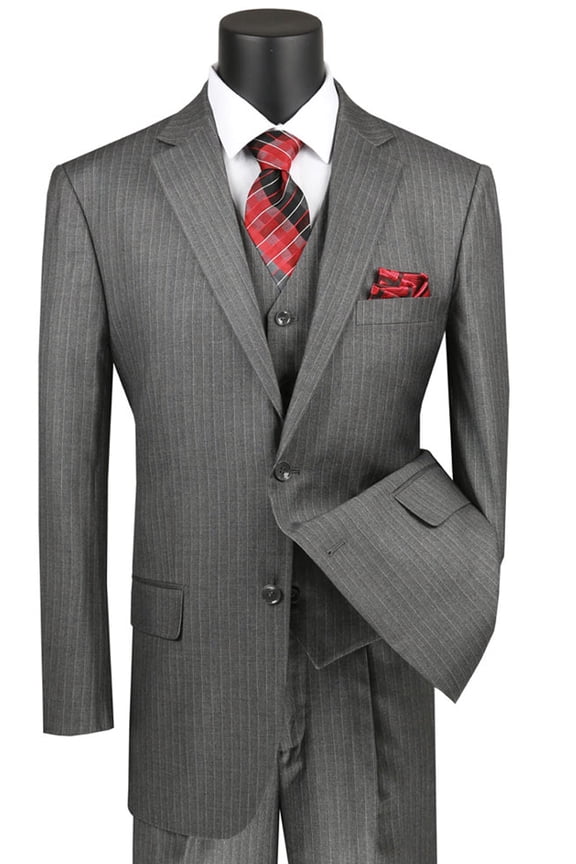 Men's Vinci Suits Classic Fit Vested Banker Pinstripe Suit Grey Size 38 Short