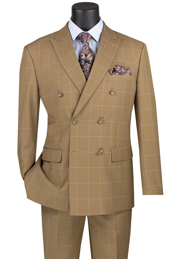 Men's Vinci Suits Double Breasted Camel Light-to-medium Shade of Brown Suit Bold Windowpane Plaid Size 42 Long