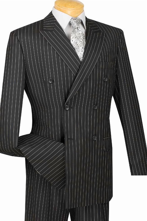 Men's Vinci Suits Double Breasted Gangster Pinstripe Suit Black Size 44 Long