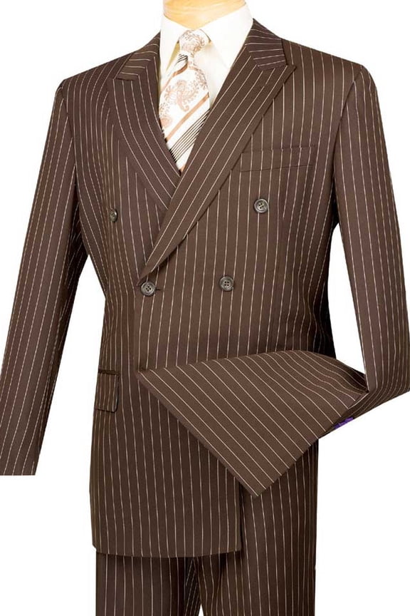 Men's Vinci Suits Double Breasted Gangster Pinstripe Suit Brown From Size 42 Regular