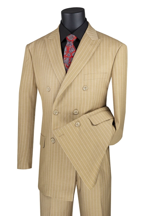 Men's Vinci Suits Double Breasted Gangster Pinstripe Suit Camel Light-to-medium Shade of Brown Size 40 Regular