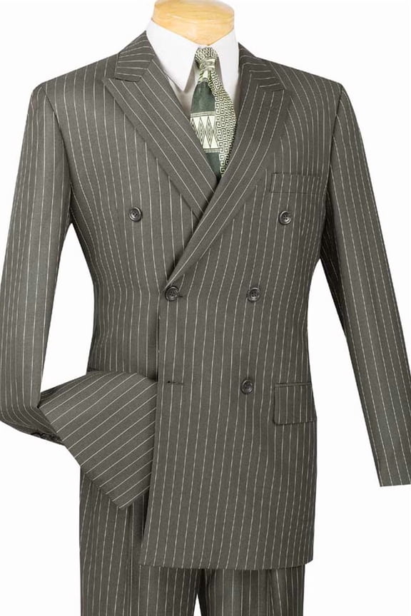 Men's Vinci Suits Double Breasted Gangster Pinstripe Suit Charcoal Grey Size 54 Long