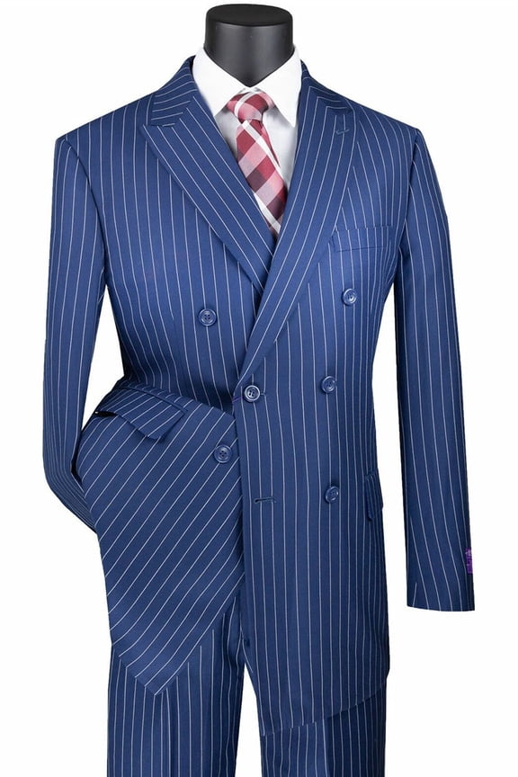 Men's Vinci Suits Double Breasted Gangster Pinstripe Suit Indigo Blue Size 56 Long