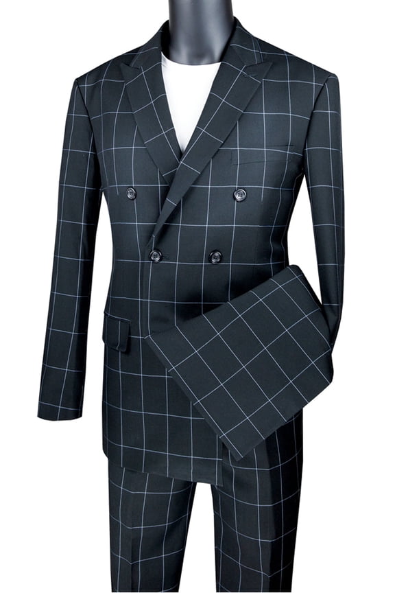Men's Vinci Suits Double Breasted Windowpane Plaid Suit Black Size 40 Short