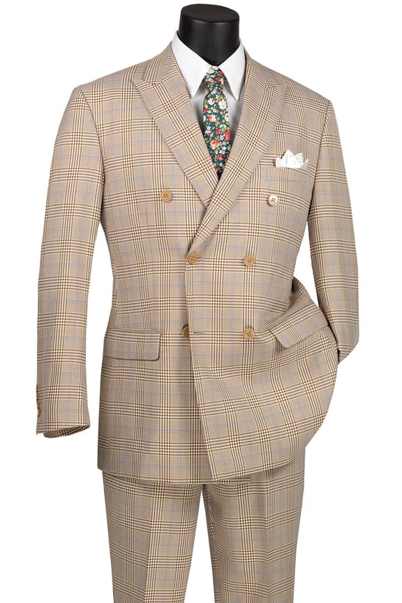 Men's Vinci Suits Double Breasted Windowpane Plaid Suit Tan Size 42 Long