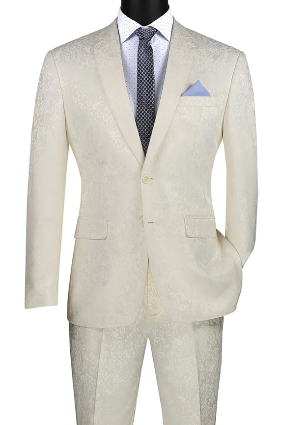 Men's Vinci Suits Ivory Shiny Paisley Suit Prom 2026 & Weddings Size 46 Short