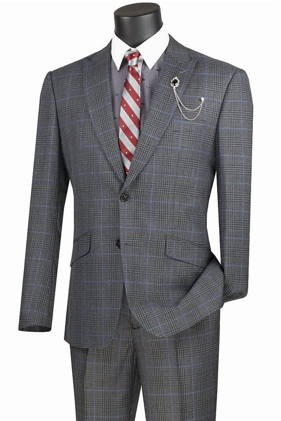 Men's Vinci Suits Modern Fit Plaid Suit Charcoal Grey Size 40 Long