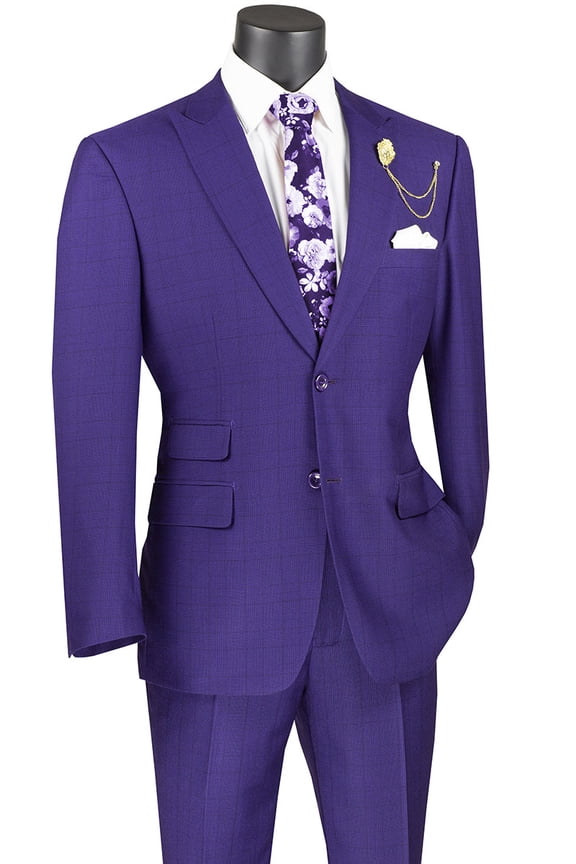 Men's Vinci Suits Modern Fit Purple Plaid Suit Size 52 Long