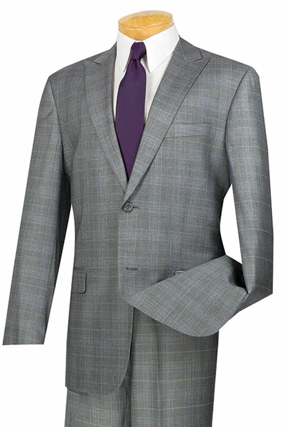Men's Vinci Suits Modern Fit Summer Plaid Suit Grey Gray Size 44 Long