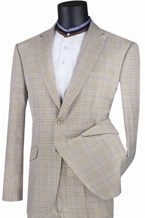Men's Vinci Suits Modern Fit Tan Plaid Suit Size 40 Long