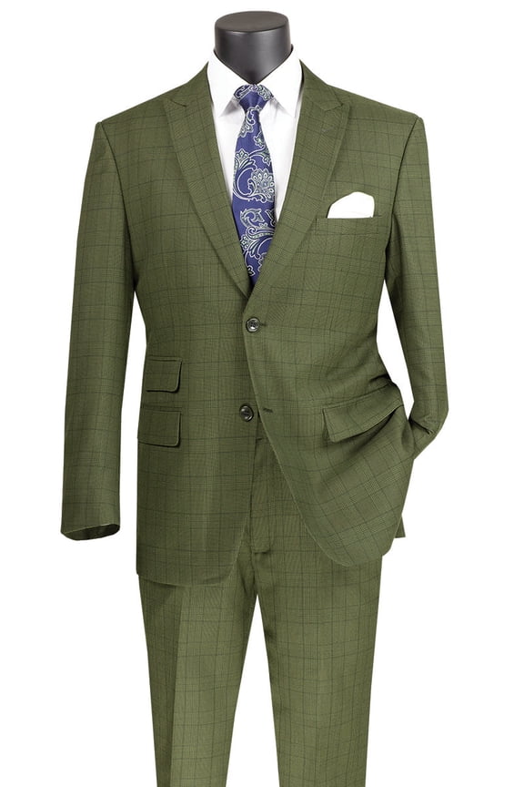 Men's Vinci Suits Olive Green Plaid Suit Size 50 Long