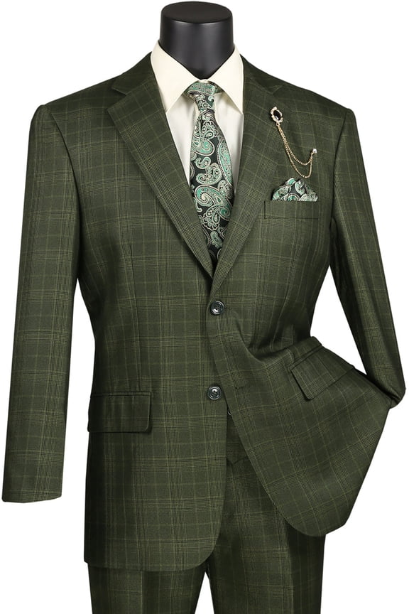 Men's Vinci Suits Olive Green Windowpane Suit With Vested Style Size 52 Long