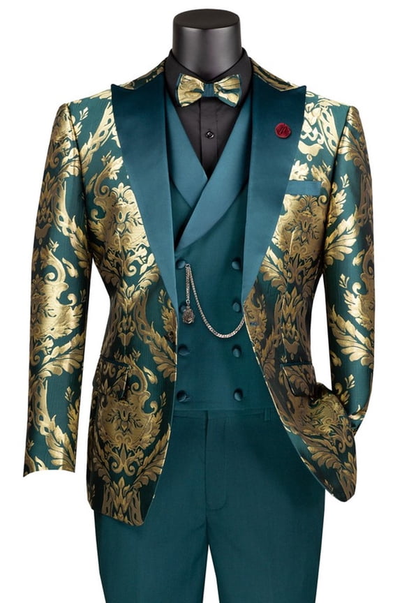 Men's Vinci Suits Shiny Emerald Green Paisley Jacquard Vested Tuxedo Size 46 Long