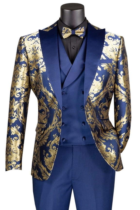 Men's Vinci Suits Shiny Paisley Jacquard Vested Tuxedo Navy Blue & Gold Size 50 Regular