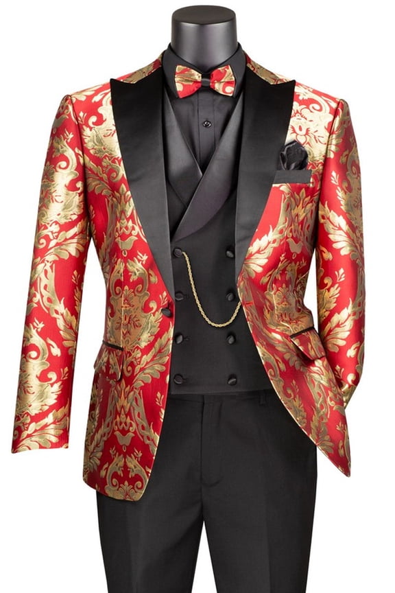 Men's Vinci Suits Shiny Paisley Jacquard Vested Tuxedo Red & Gold Size 46 Long