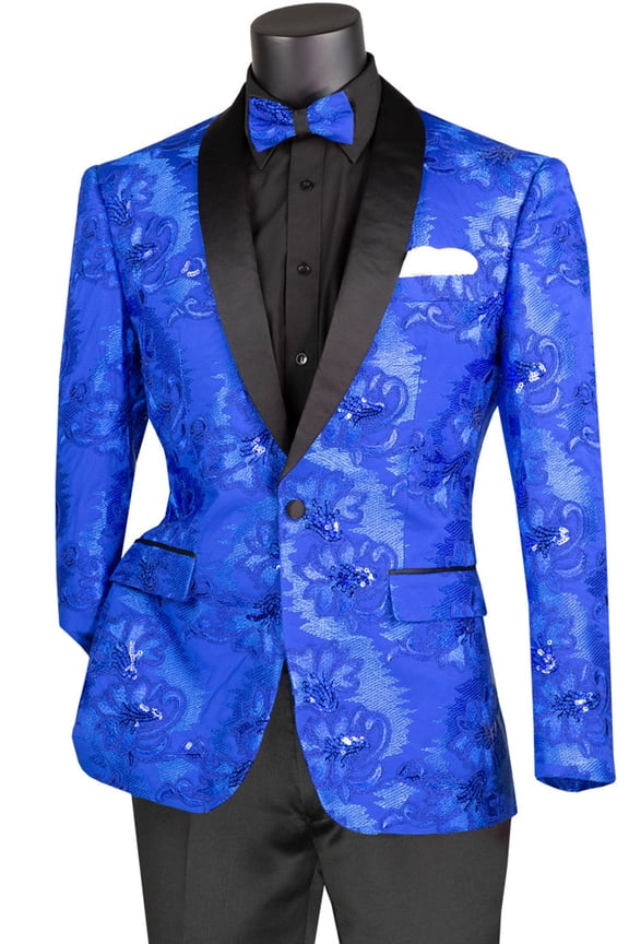 Men's  Vinci Suits Slim Fit Shiny Floral Sequin Tuxedo Jacket Royal Blue Size Medium