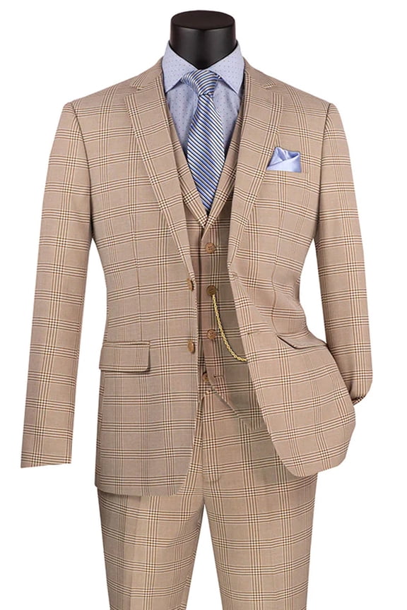 Men's Vinci Suits Slim Fit Vested Glen Plaid Summer Suit Beige Size 38 Long