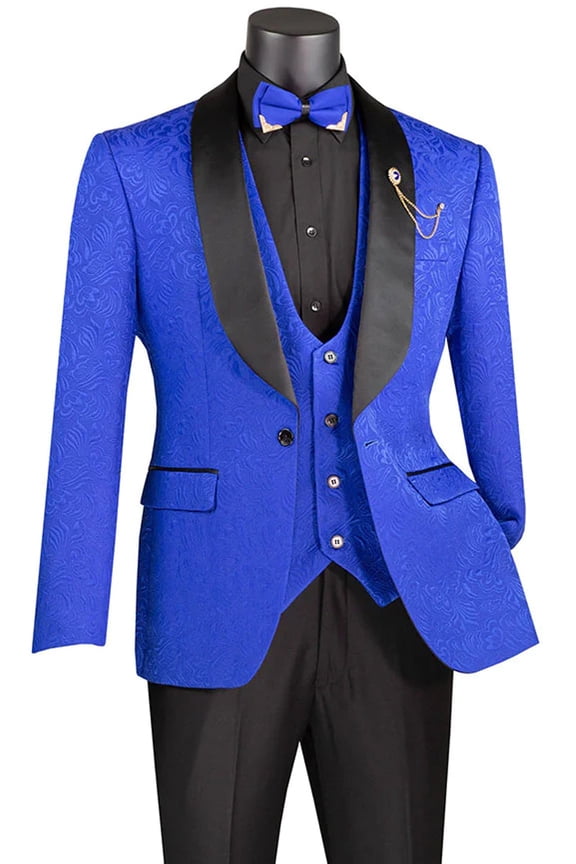 Men's Vinci Suits Slim Fit Vested Paisley Wedding Tuxedo Royal Blue Size 52 Regular