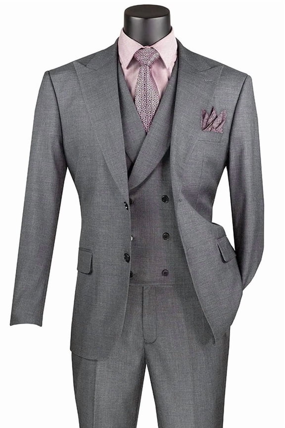 Men's Vinci Suits Summer Sharkskin Suit With Double Breasted Vest Charcoal Grey Size 42 Regular