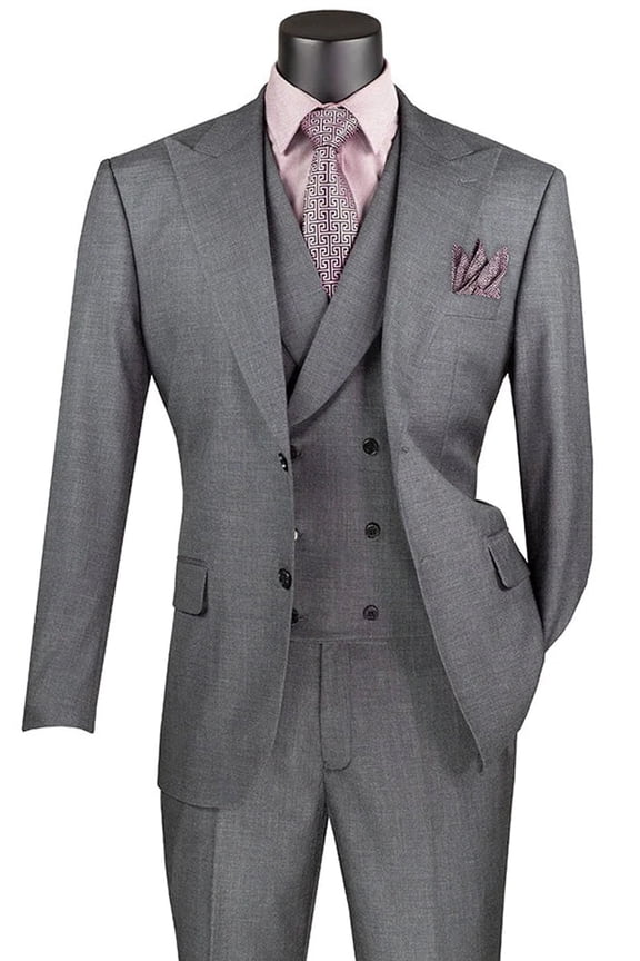 Men's Vinci Suits Summer Sharkskin Suit With Double Breasted Vest Charcoal Grey Size 44 Long