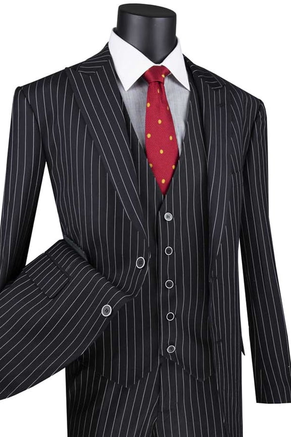 Men's Vinci Suits Vested Bold Gangster Pinstripe Suit Black Size 48 Long