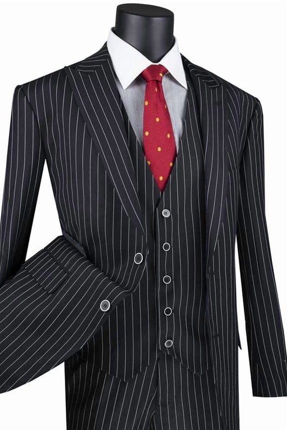 Men's Vinci Suits Vested Bold Gangster Pinstripe Suit Black Size 56 Long