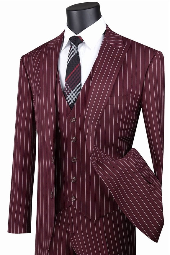 Men's Vinci Suits Vested Bold Gangster Pinstripe Suit Burgundy Size 42 Long