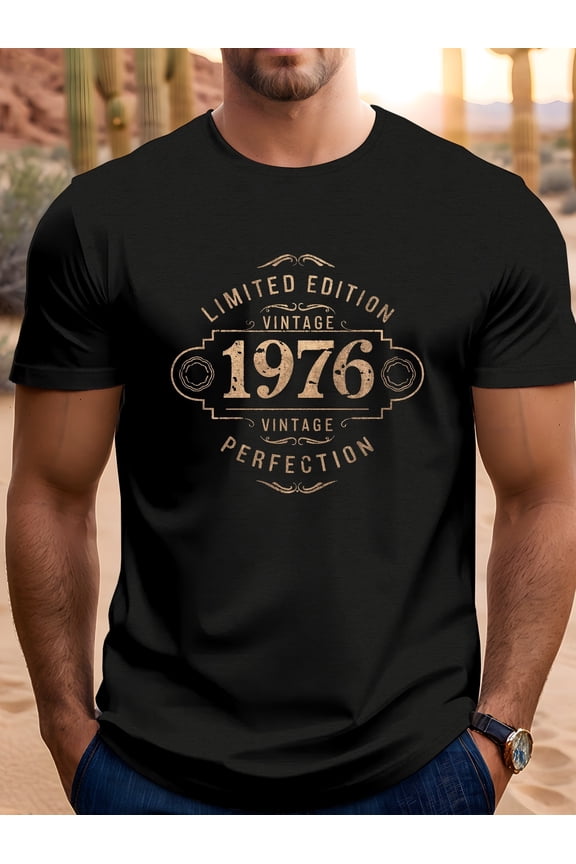 Men's Vintage 1976 Limited Edition T-Shirt - Black Retro 70s Graphic Tee with Golden 70s print, Limited Edition Design, Regular Fit Crew Neck Short Sleeve Shirt for Gym, Hiking, Casual Wear